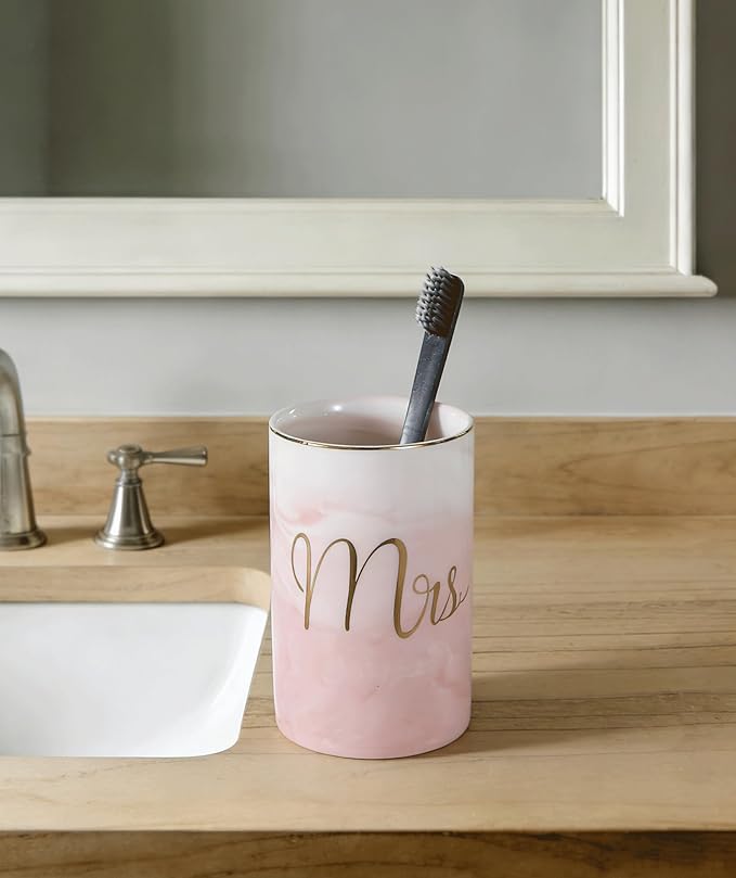 Kelake Ceramic Rustic Pink Marble Bathroom Tumbler Cup for Mouthwash Rinsing Toothbrush and Toothpaste Holder Letters Stand Cups 280 ml Porcelain Milk Drinking Cups for Christmas Birthday
