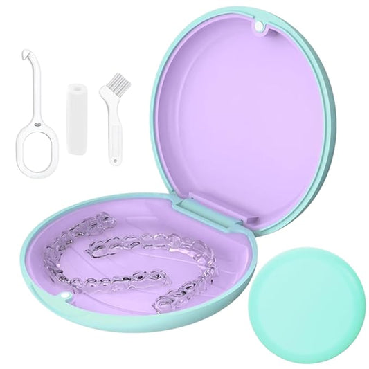 Retainer Case, Slim Aligner Cases for Invisalign, Mouthguard Case with Removal Tools& Aligners Chewies& Brush, Removable Inner Tray Silicone for Easy Cleaning (Green)