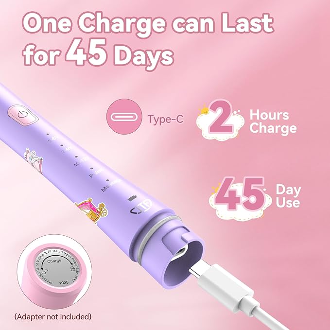 JTF Kids Electric Toothbrush Rechargeable: Sonic Tooth Brush with Smart Timer 5 Brushing Modes 4 Soft Brush Heads IPX7 Waterproof and DIY Sticker, Portable Pink Children Toothbrushes for Girl, Ages 3+