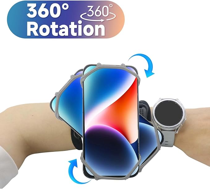 Wristband Phone Holder for Running, 360°Rotation & Detachable Sports Armband with Key Holder for iPhone 16/15/14/13/12/Pro/Pro Max/XS/XR/X/8/7/6/Plus, Fits 4.5-7 Inch Smartphones (Grey)-StrideForce Fitness