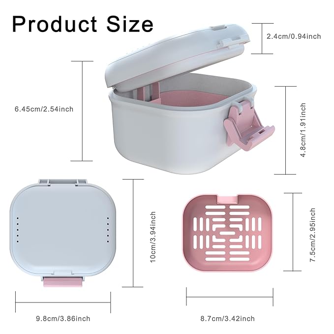 BVN Leakproof Denture Cup, Upgraded Carrying Storage, Denture Bath Box with Filter, Denture Cup for Soaking Dentures, Travel Retainer Cleaning Case (White+Pink).