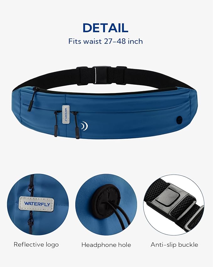 WATERFLY Running Belt Fanny Pack: Runner Marathon Jogging Waist Pack Sport Workout Exercise Fitness Phone Holder Belt for Men Women Jogger Slim Waistband Dark Blue-StrideForce Fitness