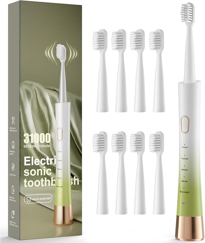 Upgrade Sonic Electric Toothbrush for Adults, 8 Replacement Brush Heads, Rechargeable Electric Toothbrush with 2-Minutes Timer IPX7 Water-Proof, for Indoor & Outdoor, White & Green Gradient