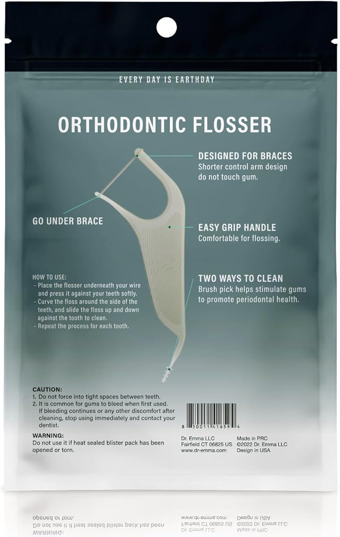 Dr. Emma Orthodontic Flossers for Braces, Ortho Dental Floss Picks, Mint Flavor 60 Count/Bag (Gray, 2pack)