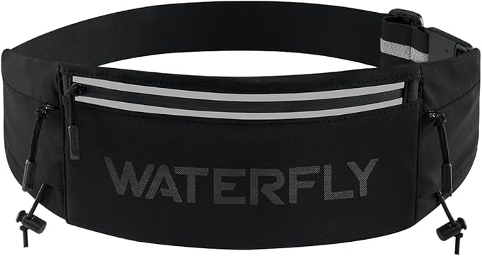 WATERFLY Running Belt Fanny Pack: Breathable 3 Pocket Waist Bag for Men Women Workout Exercise Fitness Phone Holder Fits ALL Phones - Runner Marathon Jogging Race Belt With Bib Clip Black-StrideForce Fitness