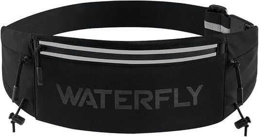 WATERFLY Running Belt Fanny Pack: Breathable 3 Pocket Waist Bag for Men Women Workout Exercise Fitness Phone Holder Fits ALL Phones - Runner Marathon Jogging Race Belt With Bib Clip Black-StrideForce Fitness