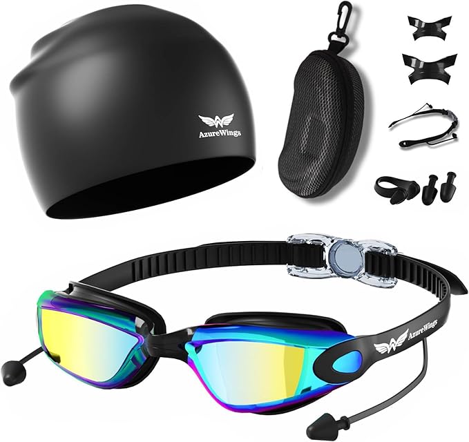 7 in 1 Swim Goggles + Swim Cap for Men Women,No Leak Anti-Fog & UV, Wide Visio HD Mirror PC Lens-StrideForce Fitness
