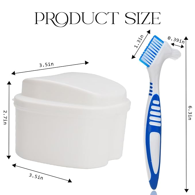 5PCS Denture Bath Case Cup Kit Denture Brush Kit Denture Cleaning Tools with 3 Denture Brushes and 2 Denture Storage Cases with Strainer Basket and Lid, Light Blue and White