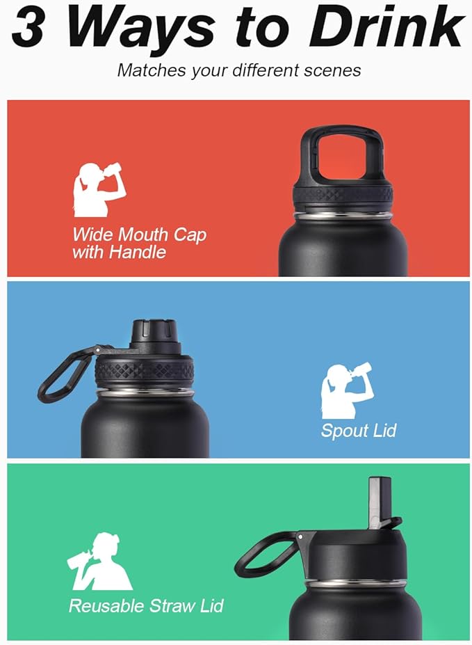 Water Bottle 32 oz Insulated with Straw, Coolflask Stainless Steel Metal 3 Lids Water Flask Wide Mouth for Sports or Office, Non-BPA Keep Cold Up to 48 Hrs or Hot Up to 24 Hrs, Magic Black-StrideForce Fitness