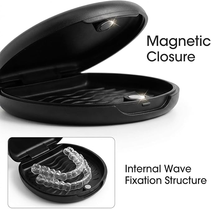 BVN Magnetic Seal Slim Orthodontic Dental Case with Unique Conch Texture, Portable Storage Holder for Braces, Teeth Aligner, Retainer, Mouth Guard, Night Guard & Denture - Black