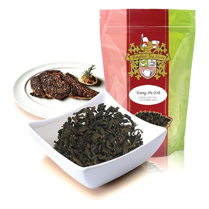 English Tea Store Young Pu-erh Tea | Loose Leaf Aged Chinese Pouches - 4oz | Earthy and Full-Bodied Fermented & Traditional Sun Withered and Stone Pressed | Smooth Complex Cup-StrideForce Fitness