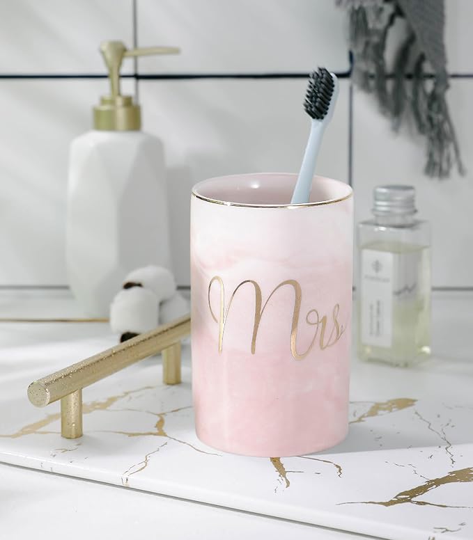 Kelake Ceramic Rustic Pink Marble Bathroom Tumbler Cup for Mouthwash Rinsing Toothbrush and Toothpaste Holder Letters Stand Cups 280 ml Porcelain Milk Drinking Cups for Christmas Birthday