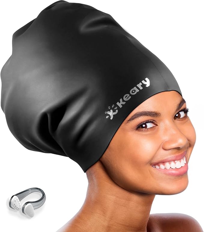 Keary Extra Large Swim Cap for Braids and Dreadlocks Extensions Weaves Long Hair, Waterproof Silicone Cover Ear Bath Pool Shower Swimming Cap for Adult Youth to Keep Hair Dry, Easy to Put On and Off-StrideForce Fitness