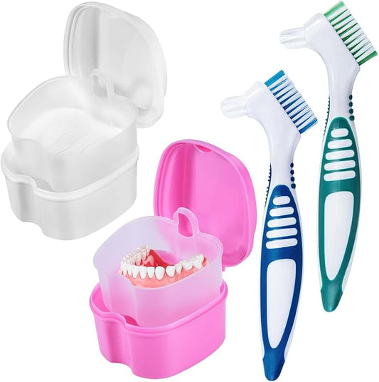 2 Pack Denture Bath Case Cup Box Holder Storage Container with Denture Cleaner Brush Strainer Basket for Travel Cleaning (White and Pink)