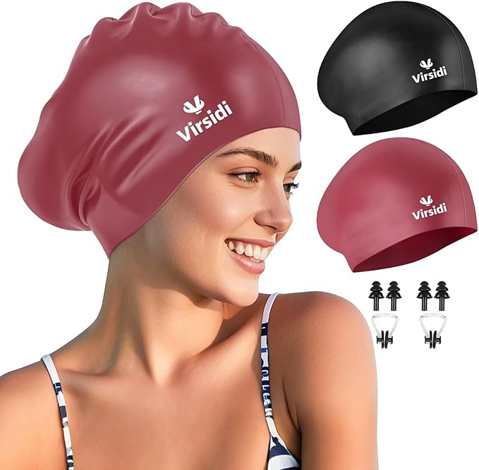 2 Pack Large Swim Caps for Long Hair, Silicone Swimming Cap for Adult Women Men, Waterproof Swim Hats Bathing Caps to Keep Hair Dry with Bonus Nose Clip and Earplugs-StrideForce Fitness
