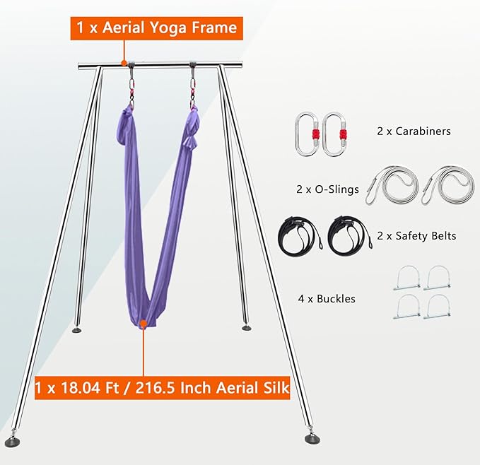 TECSPEC 9.6 FT/115.3 Inch Adjustable Height Aerial Yoga Frame & Hammock, Professional Swing Stand with 18 FT/33FT Aerial Silk, 550lbs Max Capacity-StrideForce Fitness