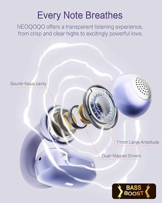 A50 Clip on Earbuds, Bluetooth 6.0 Wireless Open Ear Headphones w/5.3g Weightless Comfort,48H Playtime,3D Soundstage,Clear Call Mics,IPX5,Multipoint Connection,Fit for Workout Running Purple-StrideForce Fitness