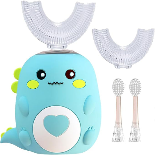 Kids U Shaped Electric Toothbrush with 4 Brush Heads, 360° Sonic Automatic Toothbrush with 3 Cleaning Modes, IPX7 Waterproof Cartoon Dinosaur Design (Ages 2-12)