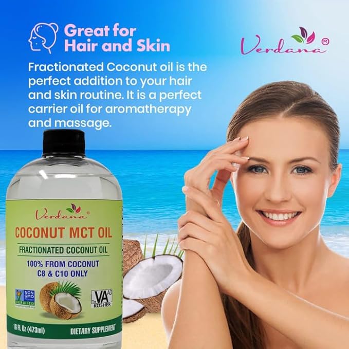 Verdana Food Grade MCT Oil 16 oz – for Keto Coffee, Unflavored Natural Oil Pulling Mouthwash & Massage - 100% Coconut Derived Fractionated – Medium Chain Triglycerides C8 C10 –Non-GMO, Kosher