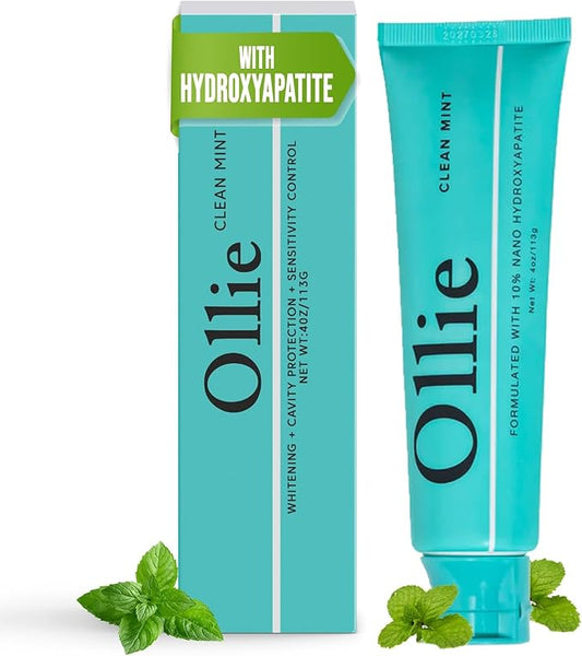 Ollie Clean Mint Nano Hydroxyapatite Toothpaste for Teeth Whitening, 10% Hydroxyapatite Formula, 4oz