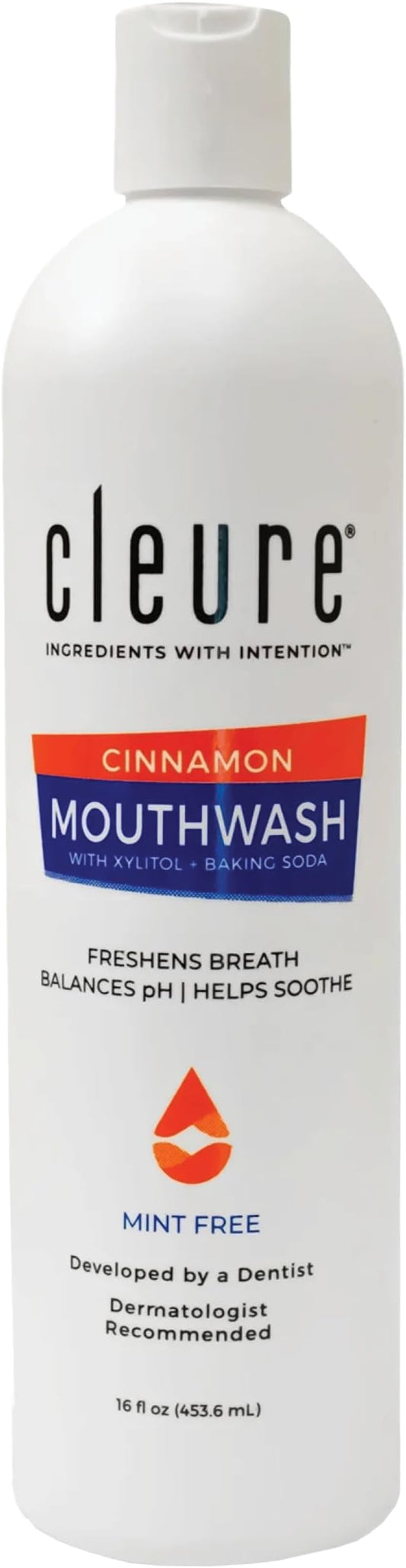 Cleure Alcohol Free Mouthwash with Xylitol & Baking Soda - Gentle Fluoride Free Mouth Wash for Adults & Kids - Cinnamon (16 oz, Pack of 1)