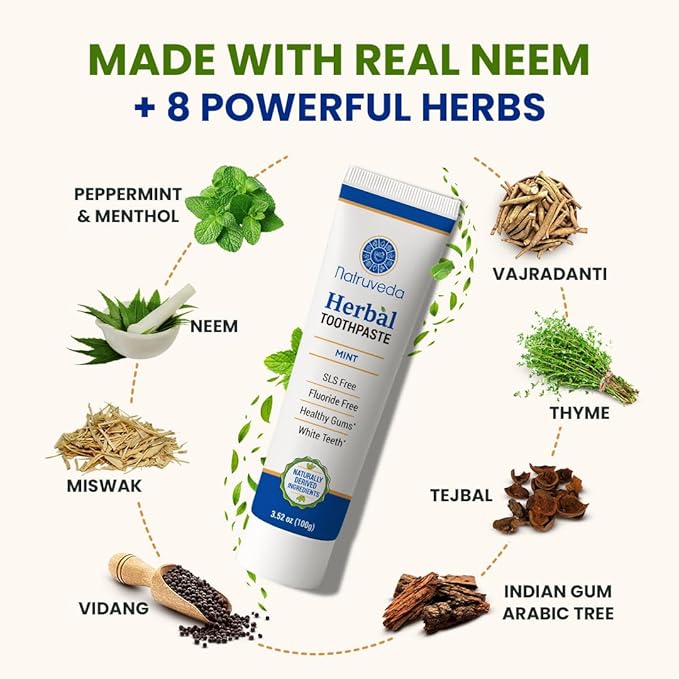 Neem Herbal Toothpaste with Complimentary Copper Tongue Scraper | Fluoride Free, SLS Free, Natural Toothpaste for Adults | Ayurvedic Oral Care with 8 + Herbal Ingredients | 3.52 oz (2 Pack)