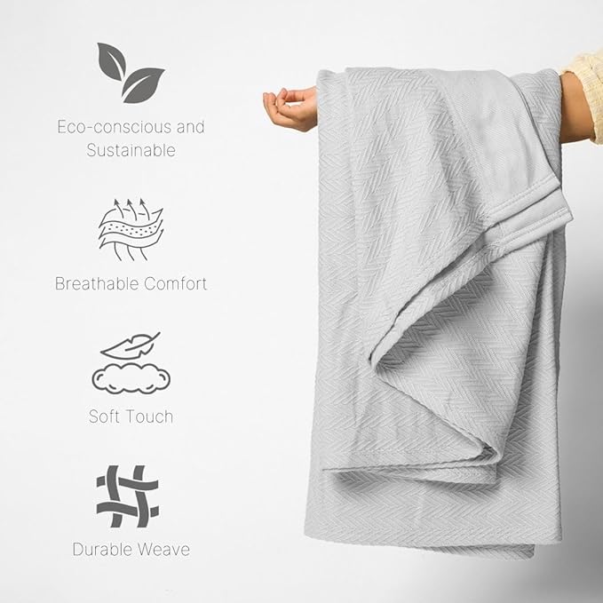 100% Cotton Herringbone Weave Blankets, 90"X90" Queen, Throw Blanket for Bed,All Season Cotton Blanket, Cozy Blanket,Throws Bed Blanket,Throw Blanket for Couch,Modern Home Decor -Light Grey-StrideForce Fitness