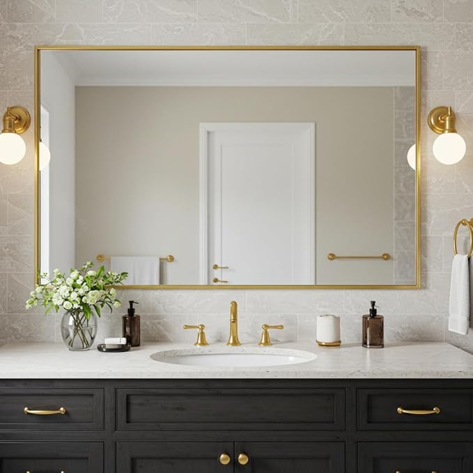 24x40 Inch Brass Bathroom Mirror for Wall, Aluminum Frame Rectangle Rectangular Vanity Mirror, Modern Large for Bedroom, Living Room, Horizontal or Vertical-StrideForce Fitness