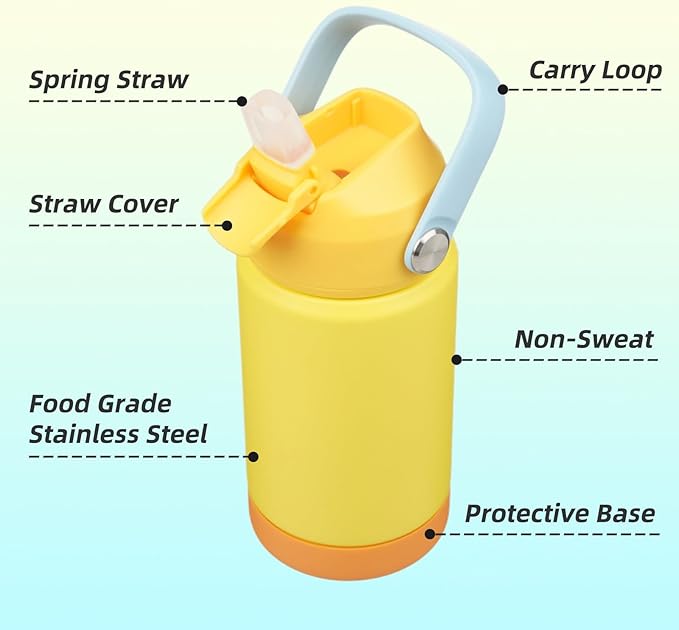 Insulated Water Bottle with Straw Lid,12 oz Stainless Steel Vacuum Metal Bottle with Silicone Handle,Yellow-StrideForce Fitness