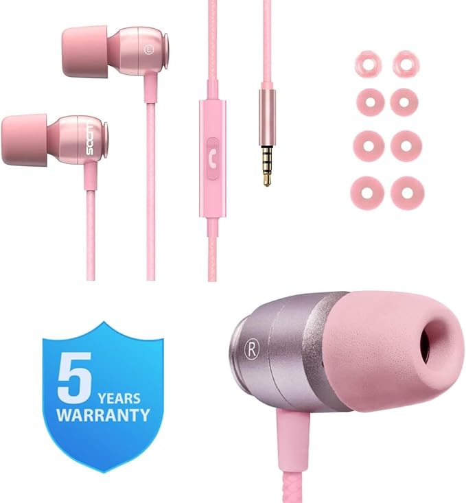 LUDOS Clamor Wired Earbuds in-Ear Headphones, 5 Years Warranty, Earphones with Microphone, Noise Isolating Ear Buds, Memory Foam for iPhone, Samsung, School Students, Kids, Women, Small Ears - Pink-StrideForce Fitness