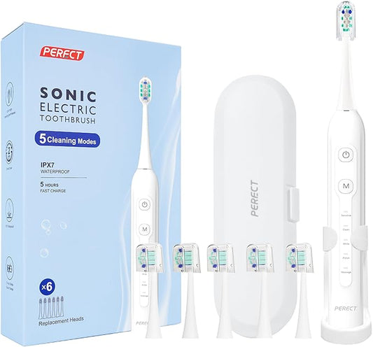 PERECT Sonic Electric Toothbrush for Adults & Kids with 6 Brush Heads, 1 Charge for 90 Days, IPX7 Waterproof, 5 Modes with 2 Minutes Smart Timer, Travel Case & Dental Soft Picks, White,Adult