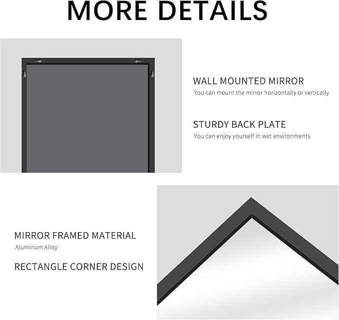 Black Bathroom Mirror for Wall, 55x36 Inch Rectangle Mirrors with Metal Frame, Modern Vanity Wall Mirror Decor for Entryway Hangs, Bathroom Living Room Horizontal or Vertical-StrideForce Fitness