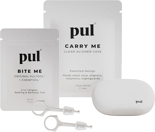 PUL Aligner Care Convenience Kit – Case + 2-in-1 Tool for Invisalign, Retainers, Partial Dentures, Mouth & Night Guards & More – White Case & 2-Pack of White Aligner Seating Chewie & Removal Tool