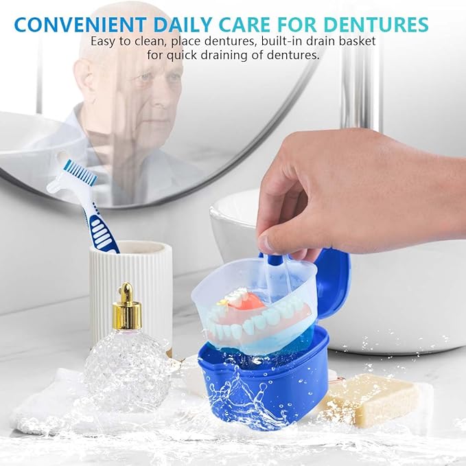 Blue Denture Bath Case Cup Box Holder Storage Container with Denture Cleaner Brush Strainer Basket for Travel Cleaning
