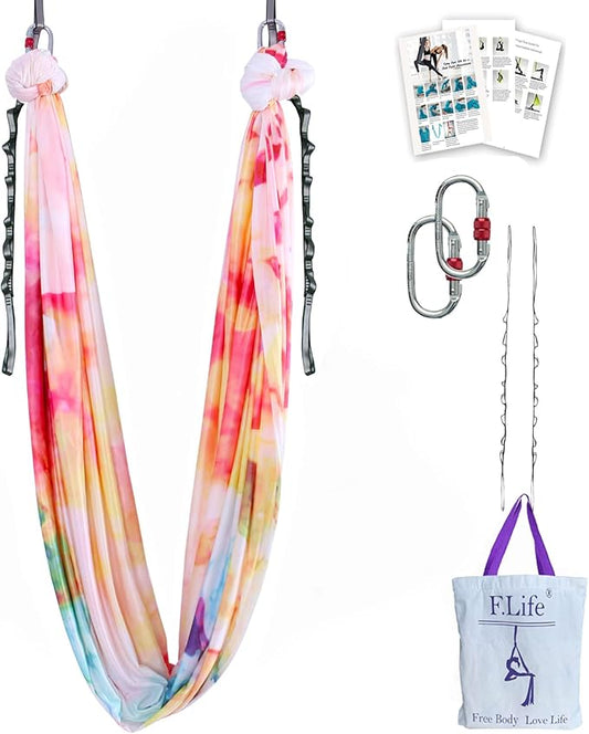 F.Life Aerial Yoga Hammock kit- Yoga Swing Multicolor 5 yards-Flying Yoga Include Daisy Chain,Carabiner and Pose Guide-StrideForce Fitness