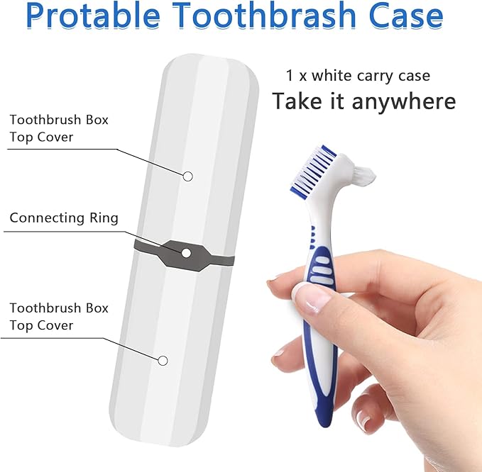 Denture Brush, 2 Pieces False Teeth Toothbrush with White Carrying Case, Orange and Blue Multi-Layered Bristles with Ergonomic Rubber Handle for Dentures Cleaning