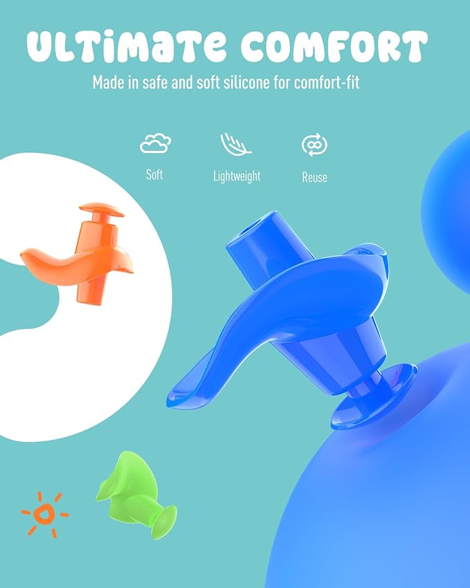 Hearprotek 3 Pairs Swimming Ear Plugs for Kids, Soft Silicone Reusable Waterproof Earplugs for Toddlers Bathing Swimming and Other Water Sports(Blue/Orange/Green)-StrideForce Fitness