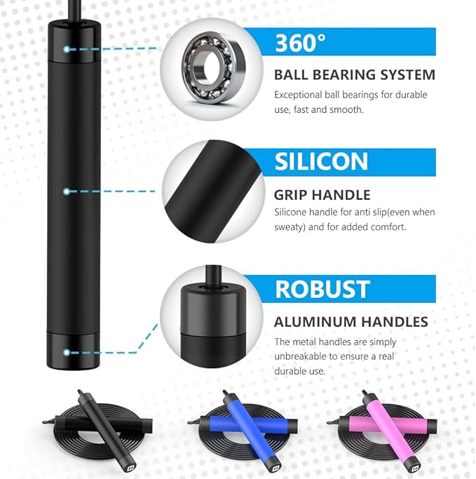 Jump Rope, HANDIO jump ropes 1/2 lb Weighted Jump Rope for Boxing, Cardio, Crossfit Workout, 8~10ft Range Adjustable Length Steel Ropes with Ball Bearings and Metal Handles, Jumpropes Suitable for Men-StrideForce Fitness