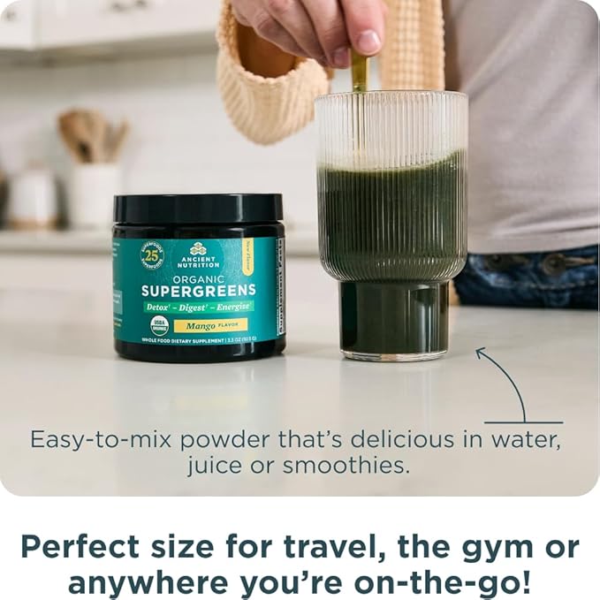 Ancient Nutrition SuperGreens Powder with Probiotics, Organic Mango Flavor Greens, Made from Real Fruits, Vegetables and Herbs, Digestive and Energy Support, 12 Servings, 3.3oz-StrideForce Fitness