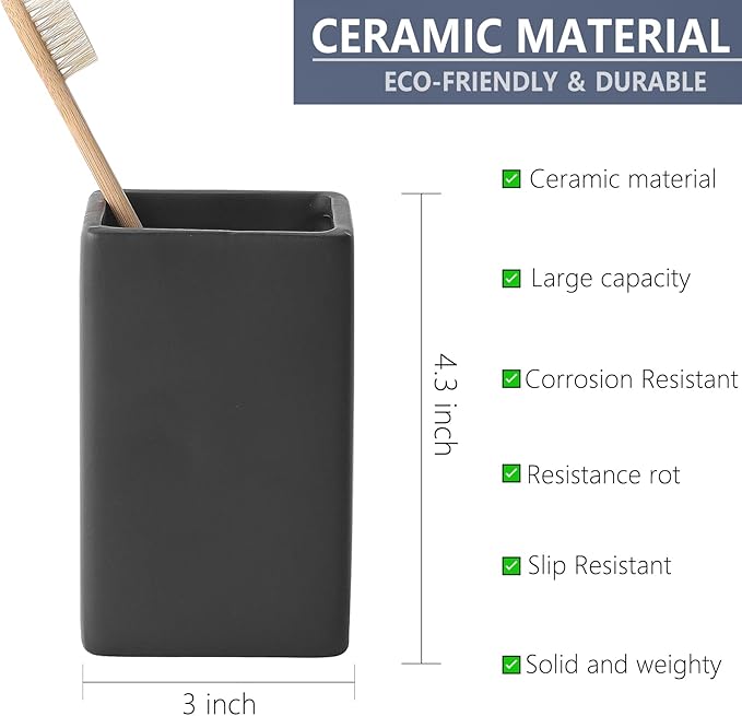 Black Square Toothbrush Holders for Bathrooms - 2 Cups Ceramic Square Toothbrush Toothpaste Holders Set, Bathroom Tumbler Cups Reusable Toothbrush Mouthwash Cup, Bathroom Counter Organizer.