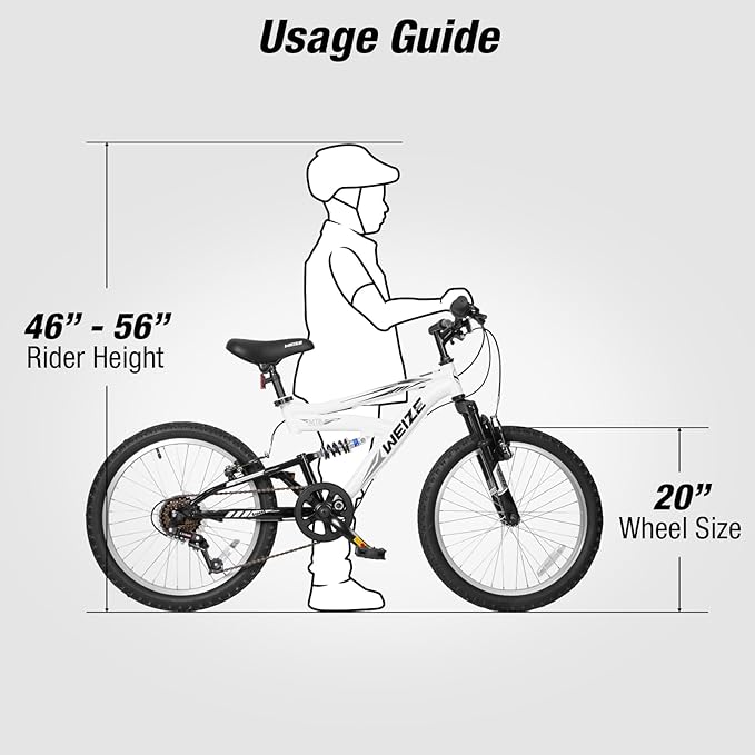 WEIZE Kids Mountain Bike, 20 inch Kids' Bicycles for 6-11 Years Old Boys Girls with Dual Full Suspension, 6 Speeds Drivetrain, High-Carbon Steel Frame, Ideal for Young Riders and Adventurers-StrideForce Fitness