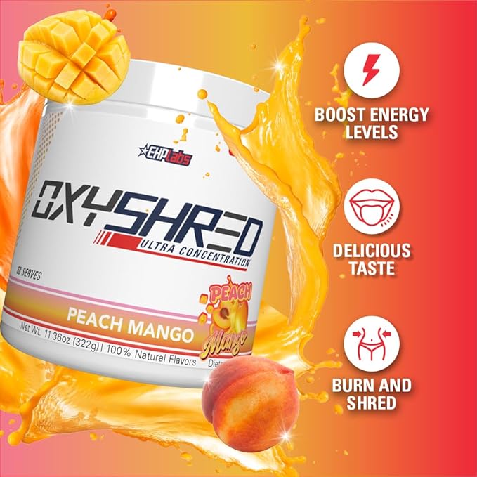 EHP Labs OxyShred Pre Workout Powder - Preworkout Powder with L Glutamine & Acetyl L Carnitine, Energy Boost Drink - Peach Mango, 60 Servings-StrideForce Fitness