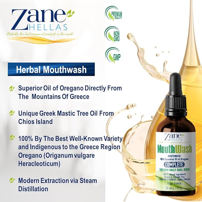 Zane Hellas MouthWash. Oral Rinse with Oregano Oil Power. Ideal for Gingivitis, Plaque, Dry Mouth, and Bad Breath. Alcohol and Fluoride Free. 100% Herbal Solution. 1 fl.oz.-30ml.