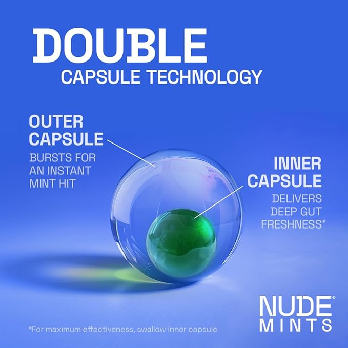 NUDE MINTS | Dual Action Liquid Capsules | Mouth Watering Mint - Lasts 3X Longer - 3X Stronger - Extreme Bad Breath Treatment For Adults - Sugar Free, 0 Calorie - Peppermint - 5 Pack - 150 Capsules