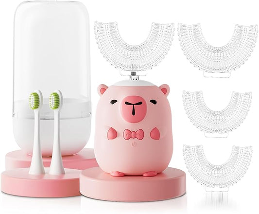 Kids Electric Toothbrush U Shaped - Cartoon Capybara with 6 Brush Heads Full Mouth Degree Cleaning Sonic Toddler Automatic Toothbrush with IPX7 Waterproof (Pink 2-14 Years)