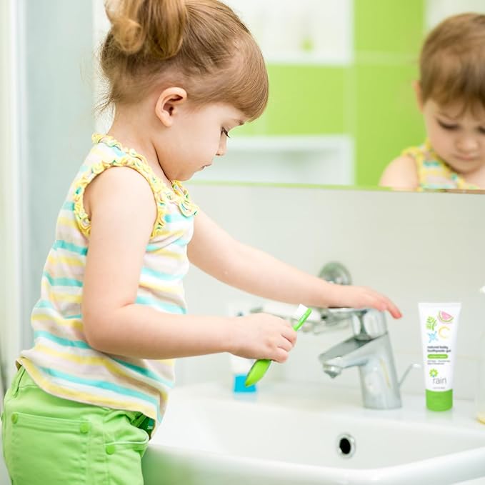 Baby Toothpaste 6 to 12 Months - Rain Fluoride Free Tooth Paste Gel for Infant Toddler Kids 0-6 Years and Up, Safe to Swallow, 2.8 Oz, Babies Training, Xylitol, Vitamin C, Vegan, SLS Free, Gluten Free