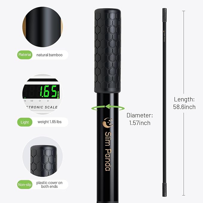 Slim Panda Yoga Stick, 5ft Natural Bamboo Stick with Rubber Ends, Exercise Stretching Stick for Yoga, Stretching, Balance and Correcting Posture, Rehabilitation Physical Therapy Aids-StrideForce Fitness