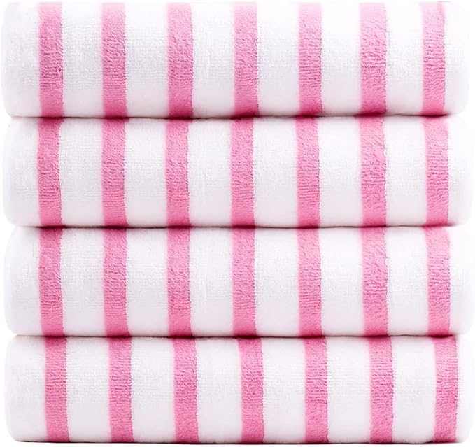 JML Microfiber Beach Towels, Bath Towel Set (4 Pack, 27" x 55") - Extra Large, Soft, Absorbent, Fast Drying, Multipurpose for Hair, Bathroom, Swimming, Fitness, Sport, Yoga -Stripe Pink-StrideForce Fitness