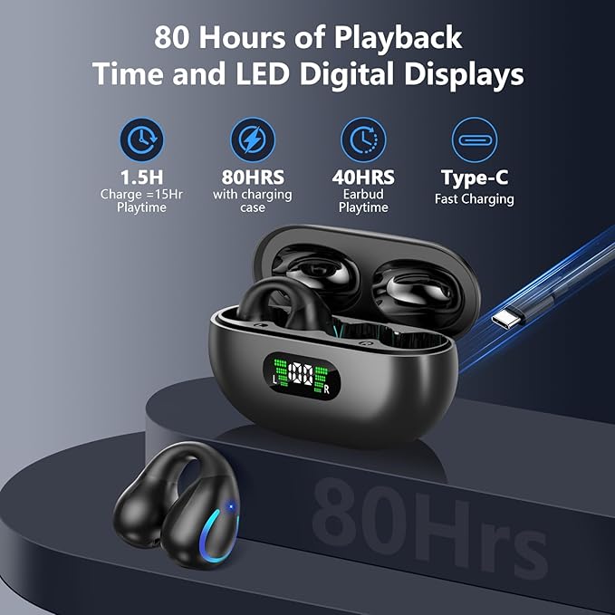 Open Ear Bone Conduction Headphones Bluetooth 5.3 Wireless Clip On Earbuds with Digital Display Charging Case 60 Hours Playtime Sport Earphones Built-in Mic IPX7 Waterproof for Running Fitness Black-StrideForce Fitness