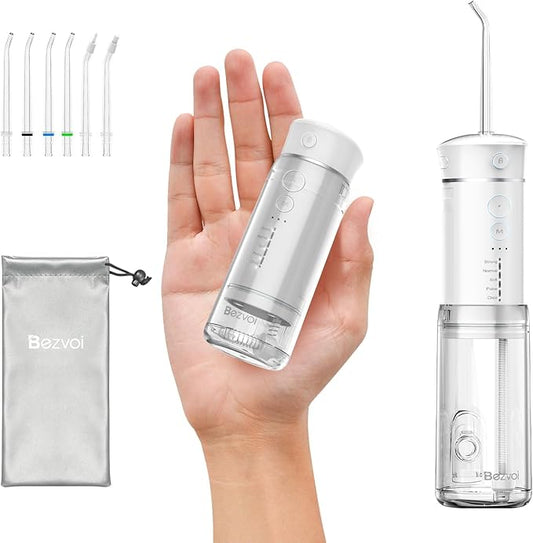 Water Flosser Mini Cordless Portable: 5 Modes Water Dental Floss with Telescopic Water Tank, 6 Tips, IPX7 Waterproof Oral Irrigator for Teeth Cleaning Gums,Orthodontic,Braces Dental Care (White)
